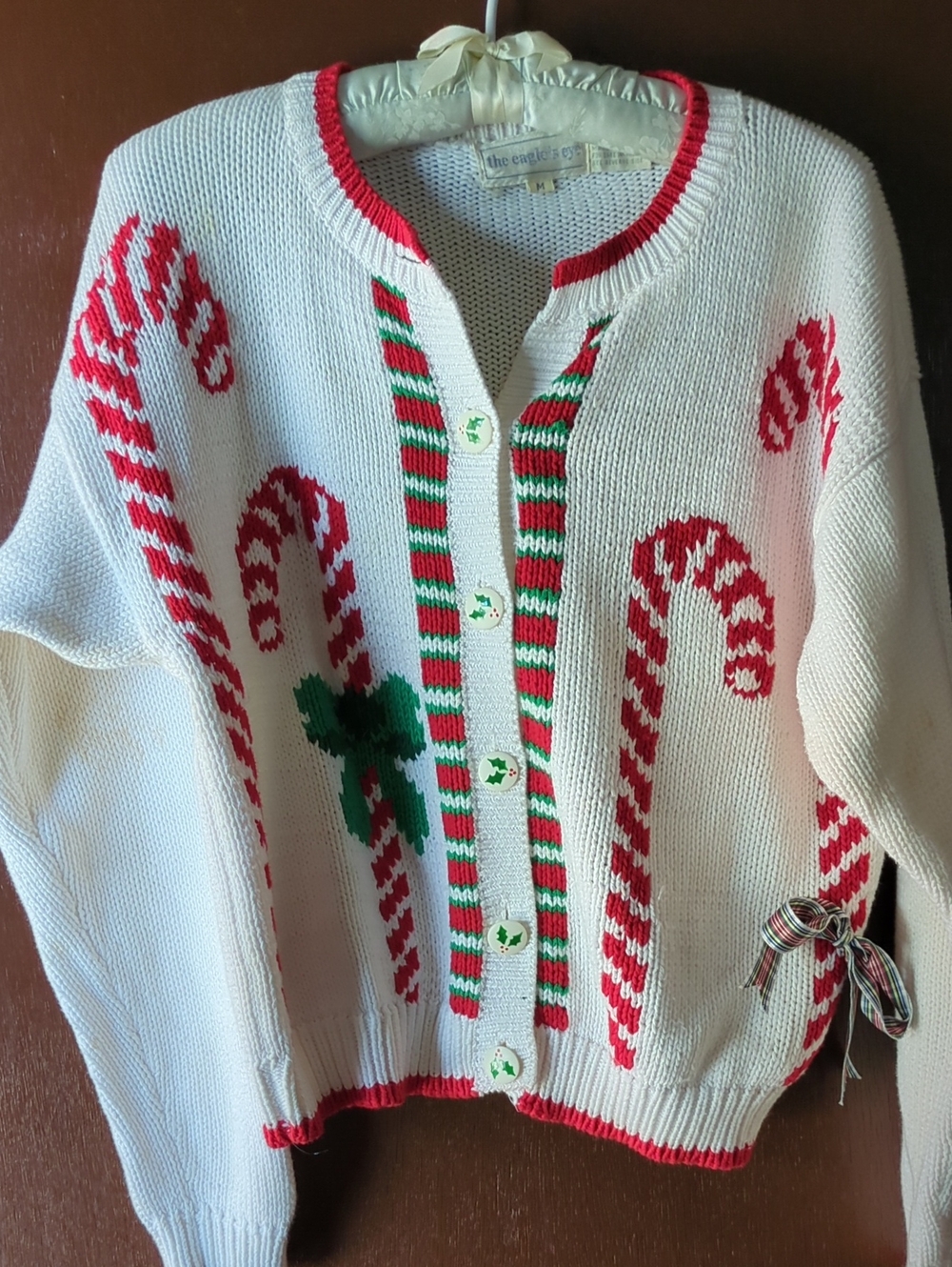 Holiday Candy Cane Knit Cardigan Sweater - White Size M